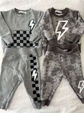 Little Mish Sweatsuits Gray Lightning Bolt Matching Sets 3M